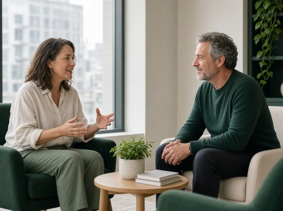 A woman talking with a counsellor in a bright office
