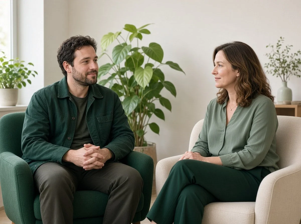 Man talking with a therapist in a bright counselling office