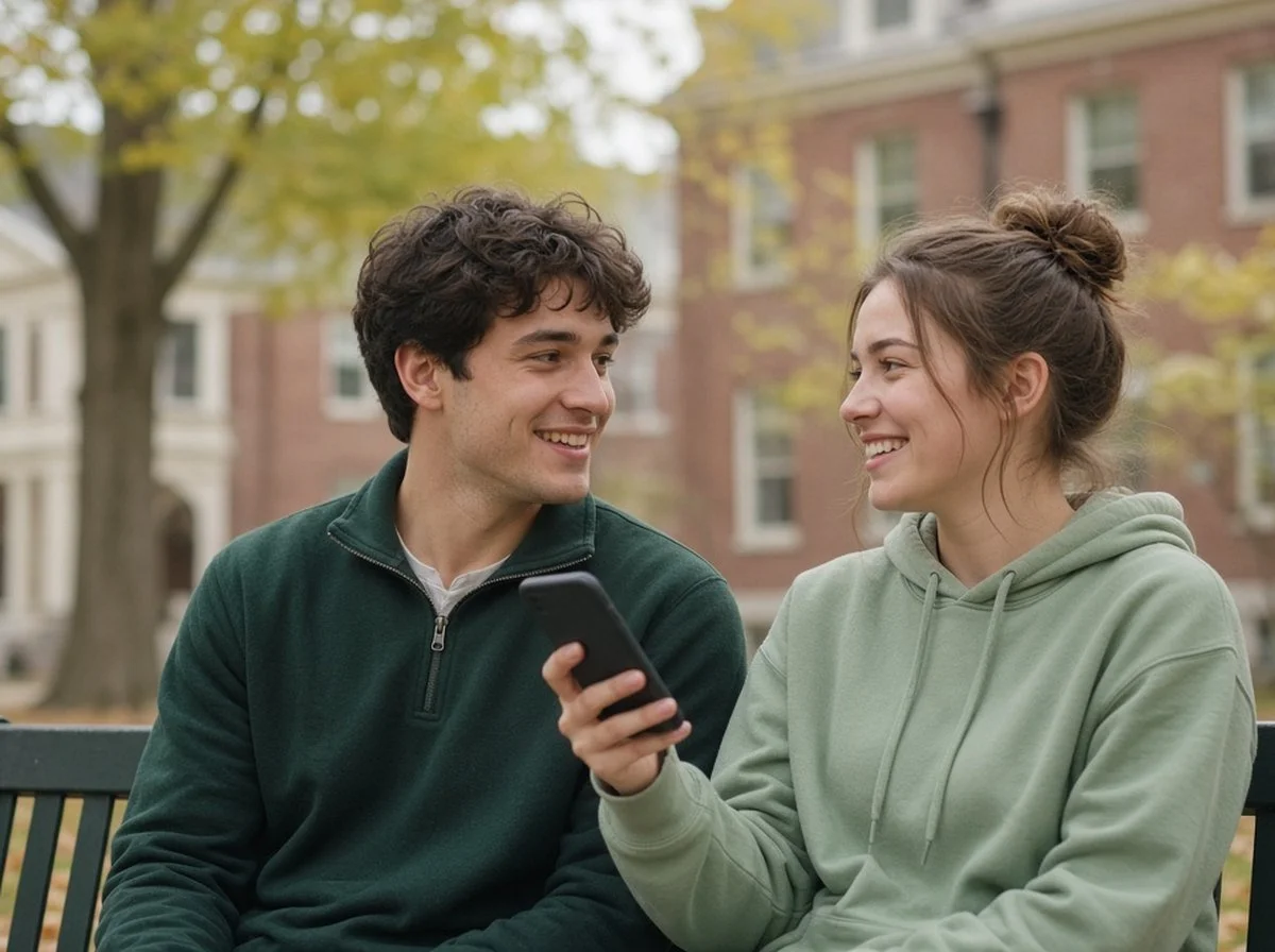 Two university students smiling on a campus bench in autumn, one showing the other her phone