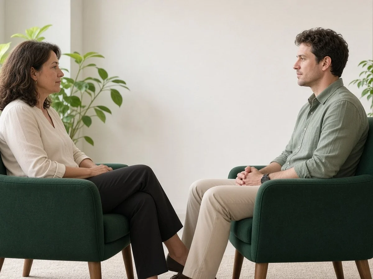 Woman talking with a male therapist, seen from the side