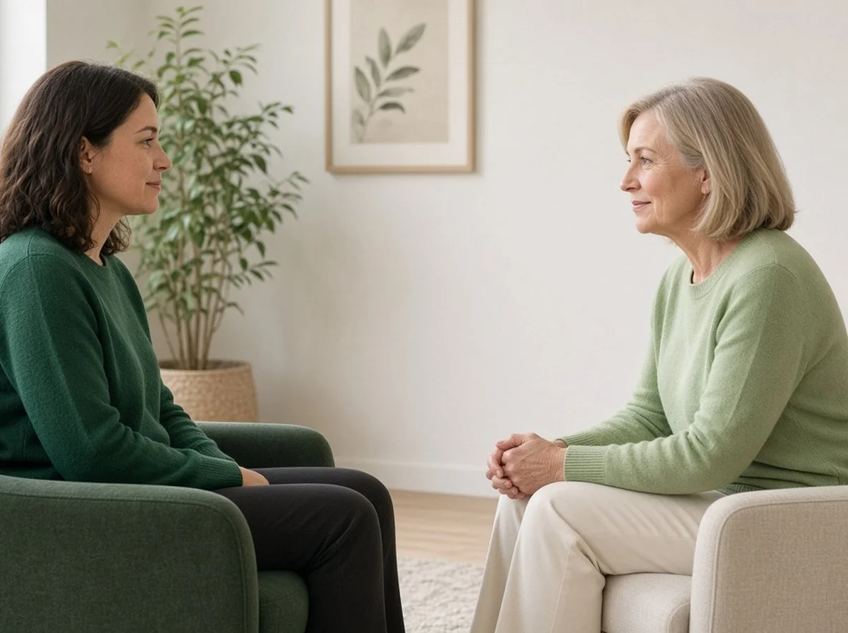 Woman in a green sweater talking with her therapist in a bright office