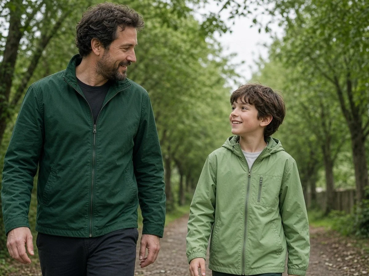A parent and child walking side by side outdoors, both faces visible, talking