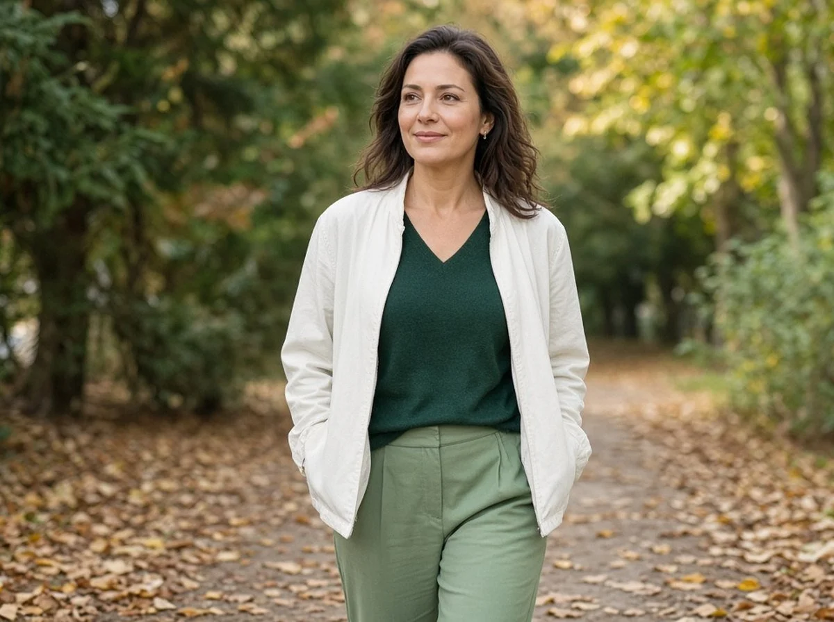 A woman taking a relaxed autumn walk in a park