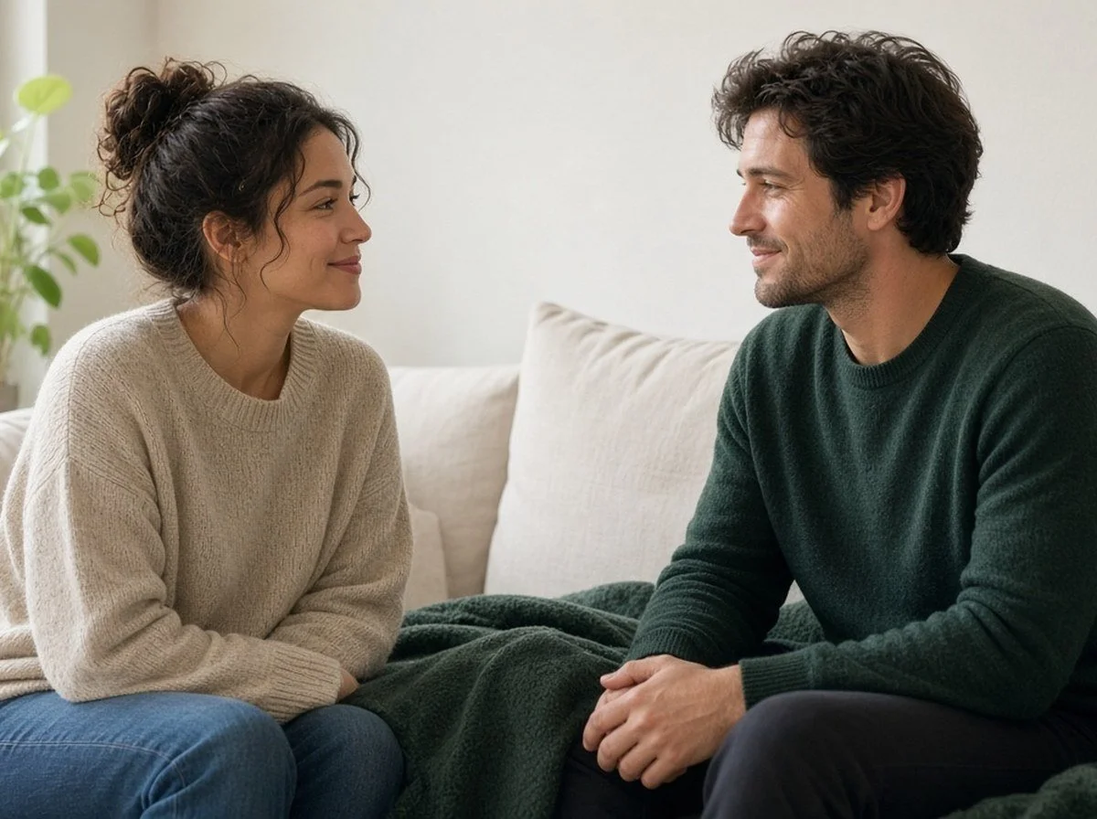 A couple on a couch facing each other talking gently, both faces visible
