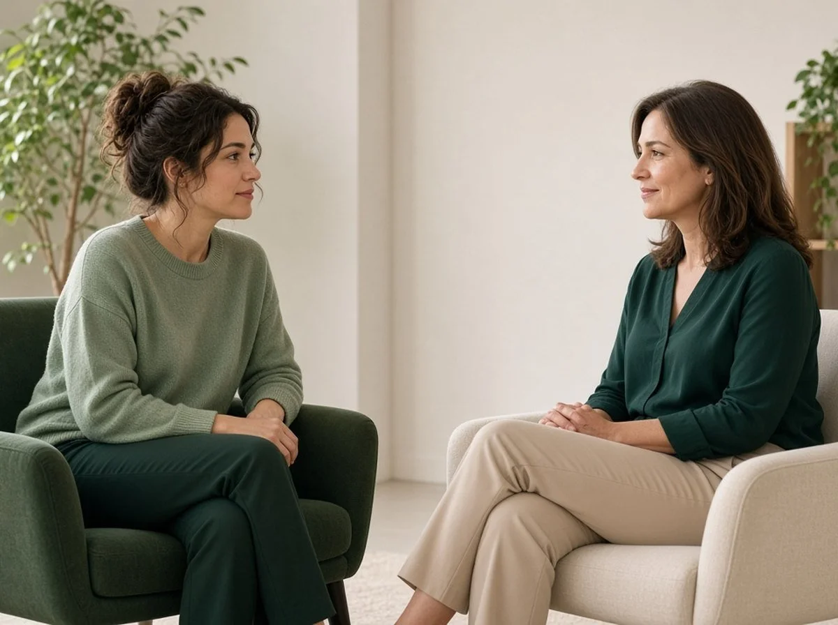 A therapist and adult client in conversation in a bright office