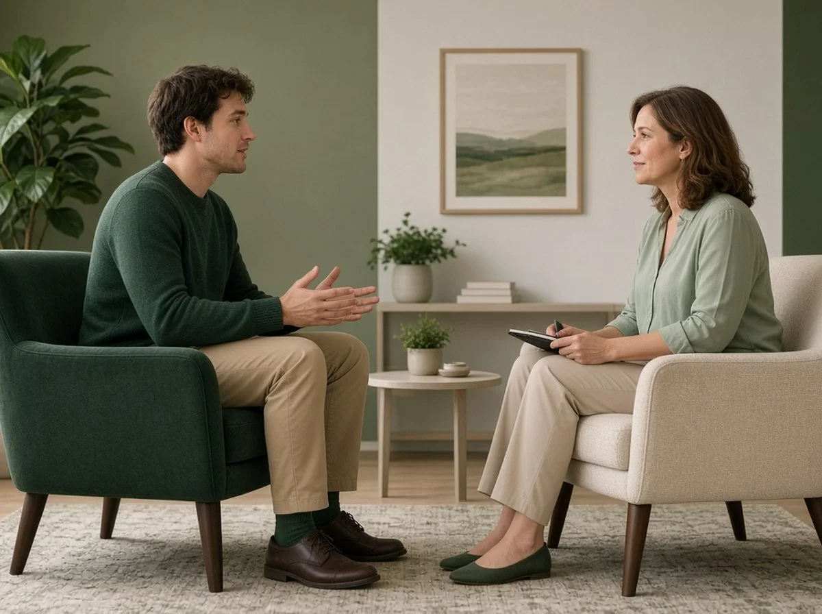 A man talking with a therapist in a calm, softly lit counselling room