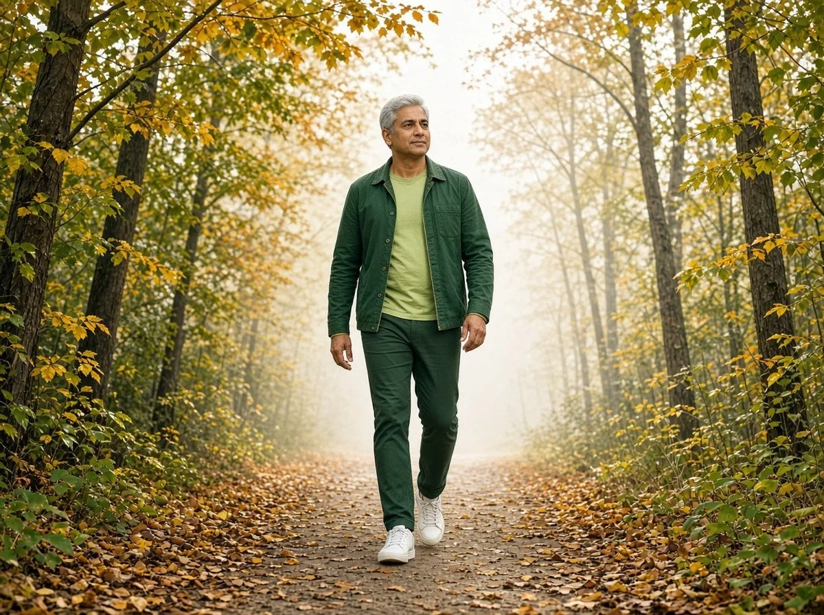 Man walking on an autumn trail, looking thoughtful