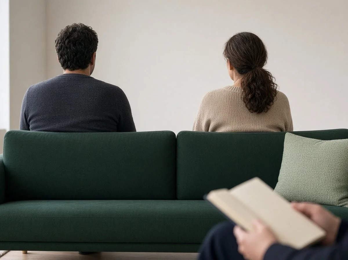 A notebook and pen on a side table in a calm counselling room
