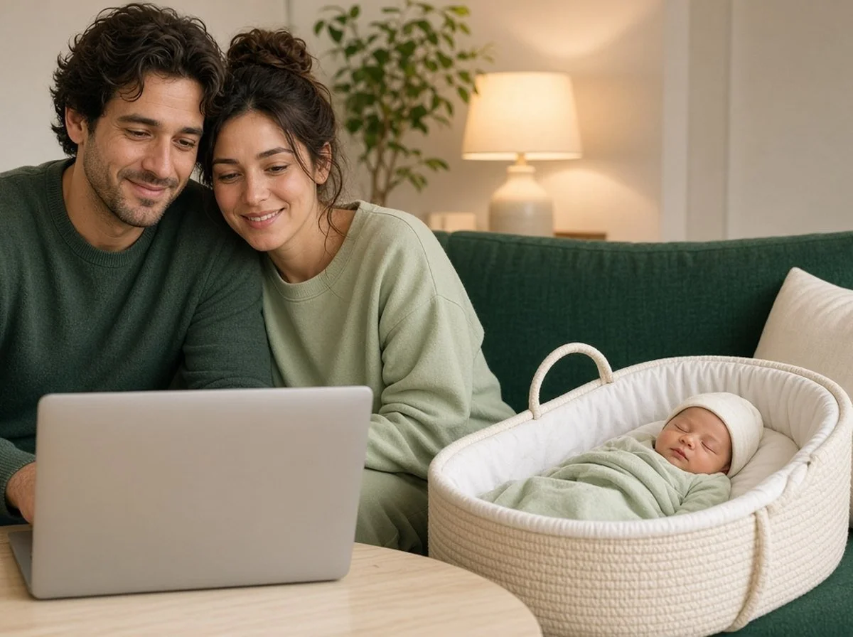 A tired but smiling couple on the couch in an online session, baby asleep in a bassinet nearby