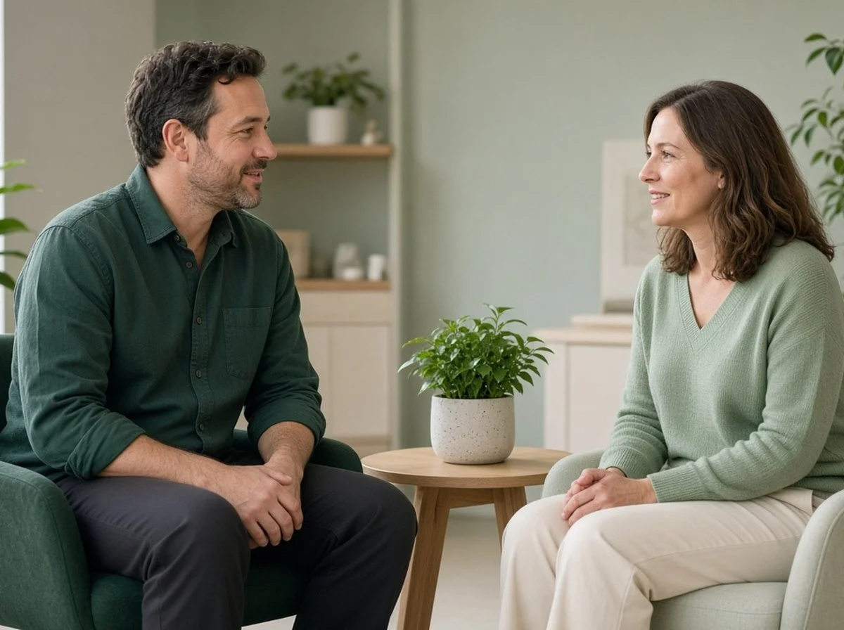 Worker talking with a therapist in a bright, calm office