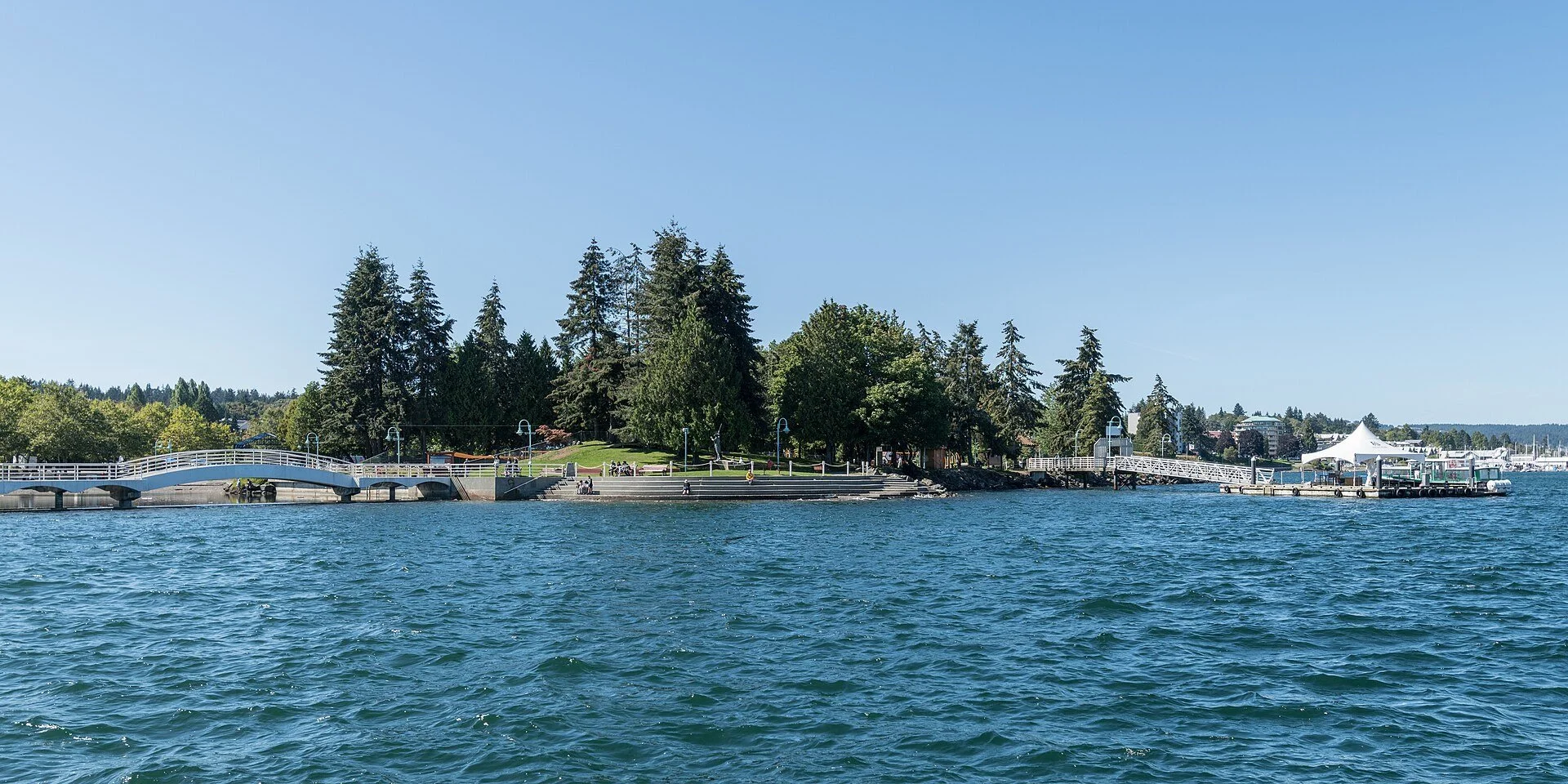 Maffeo Sutton Park and its footbridge across the water in downtown Nanaimo.