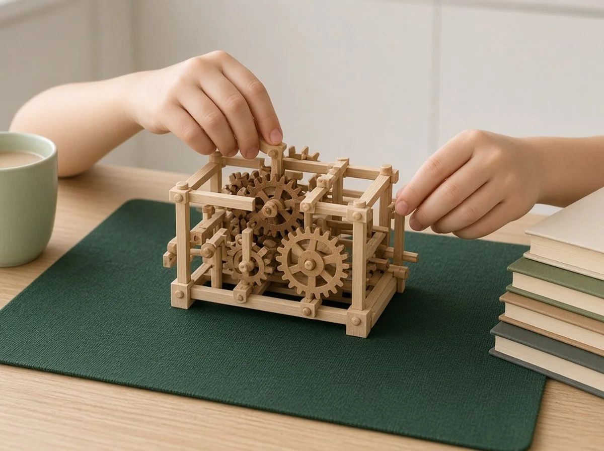 A child's hands building a detailed model at home