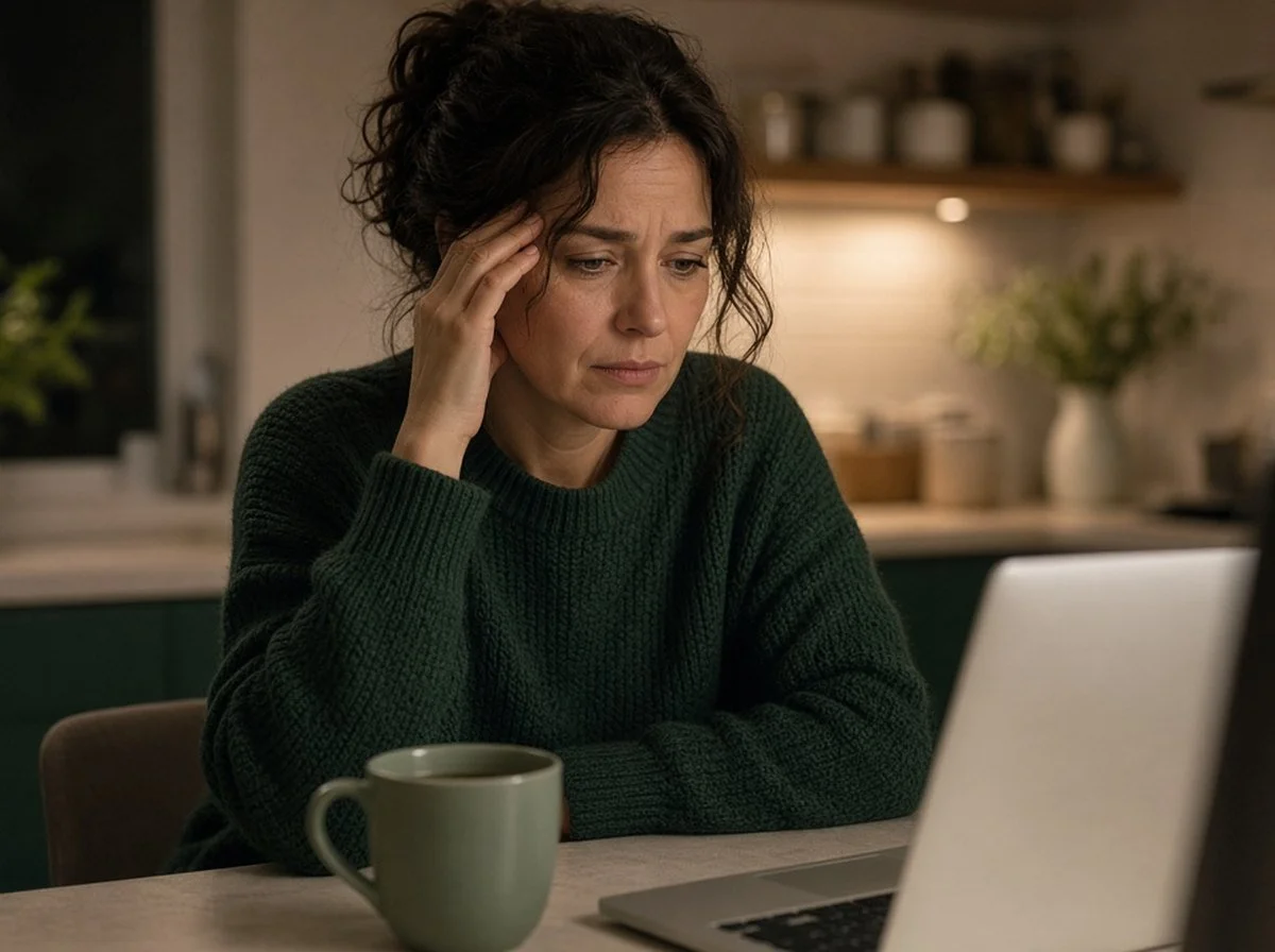 A tired woman at her kitchen table late at night with her laptop