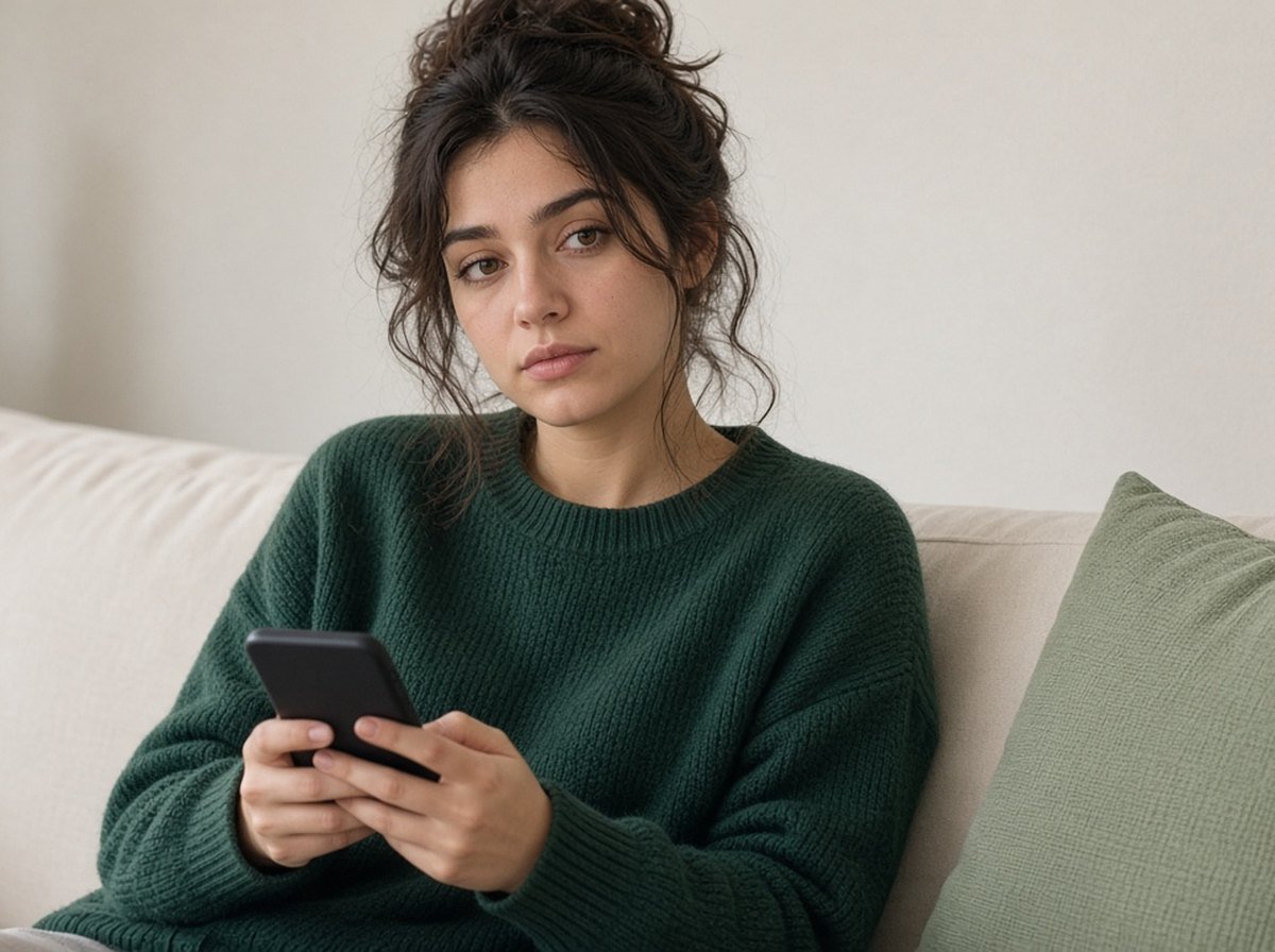 Young woman on a couch holding her phone, looking thoughtful