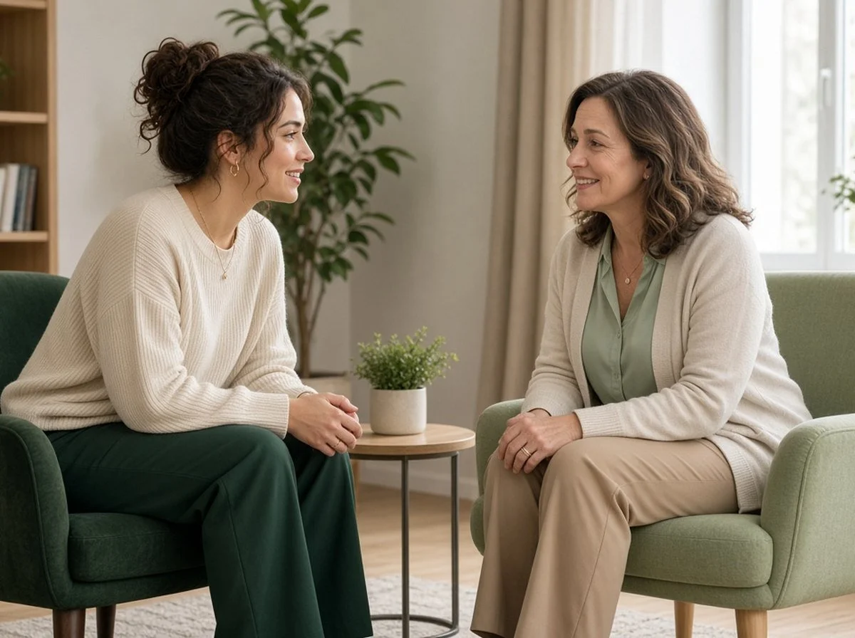 A woman talking with a therapist in a bright office