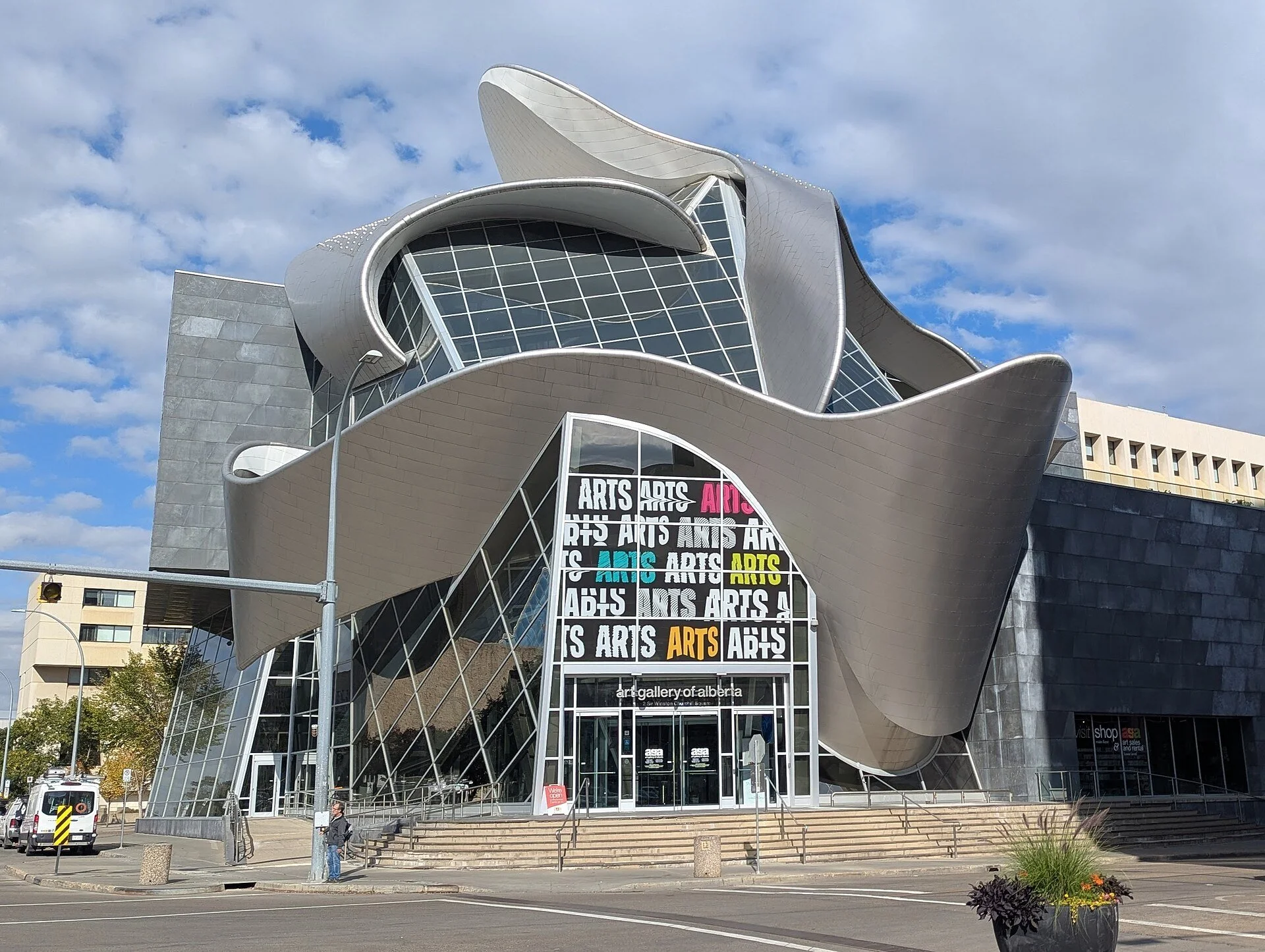 The curving steel exterior of the Art Gallery of Alberta on Churchill Square.