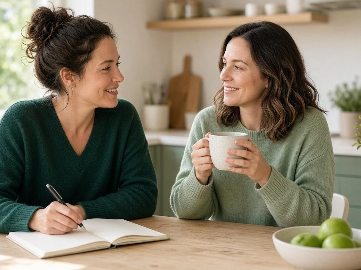 Two sisters talking at a sunny kitchen table