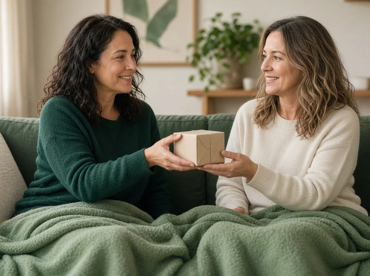 Two friends sharing tea and a small wrapped gift on a couch