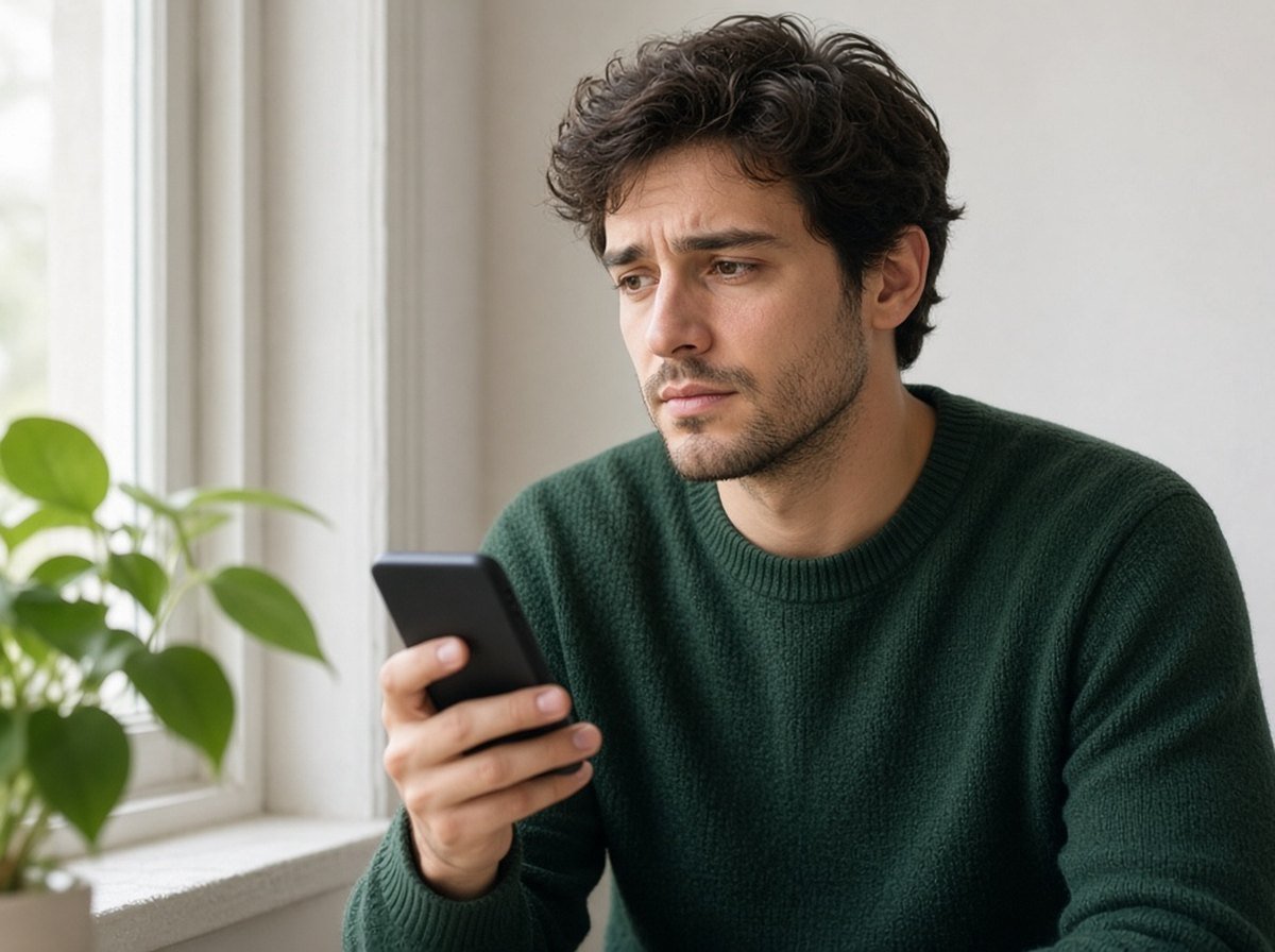 Man by a window holding his phone, looking thoughtful