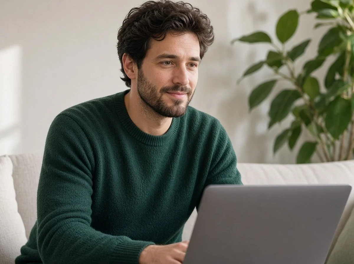 A man at home during a calm online therapy session