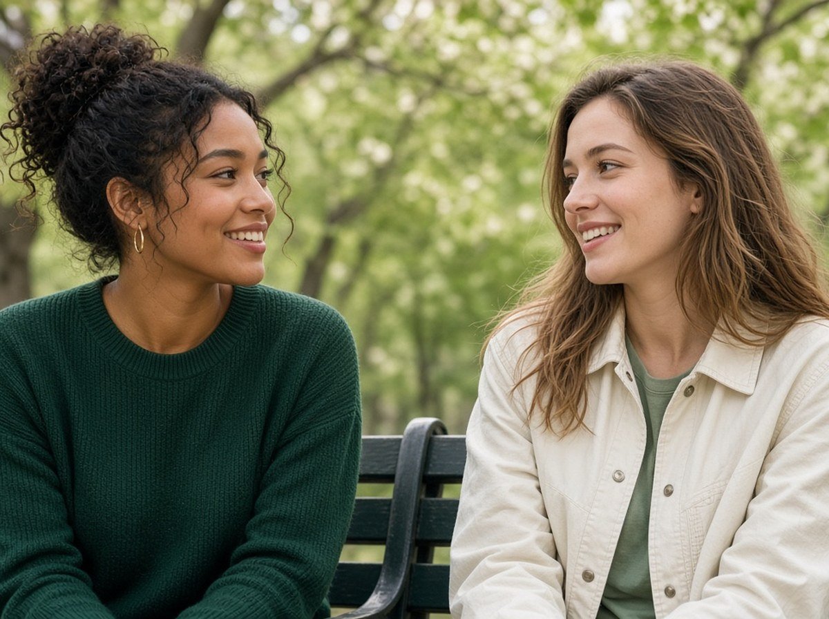 Two friends facing each other talking outdoors, both faces visible