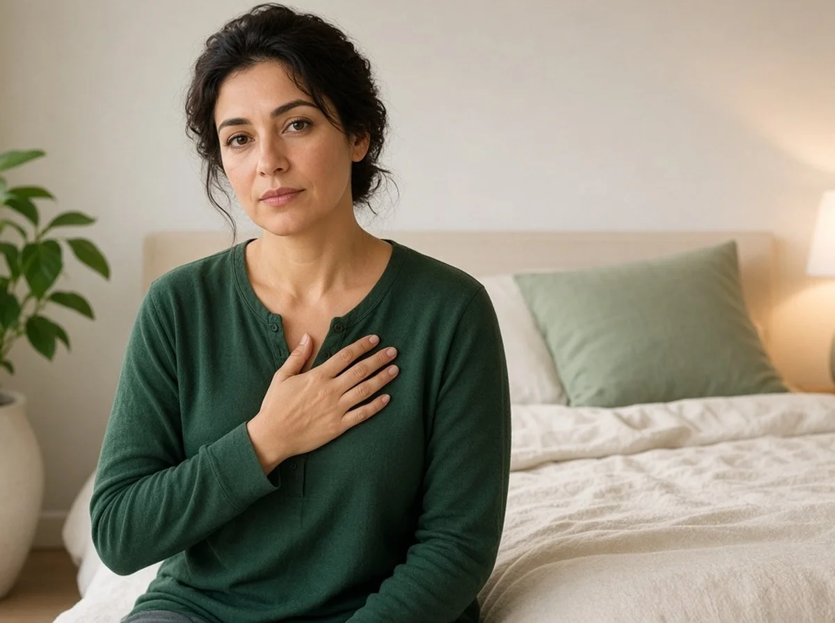 A woman on the edge of her bed with a hand on her chest, breathing slowly and calmly