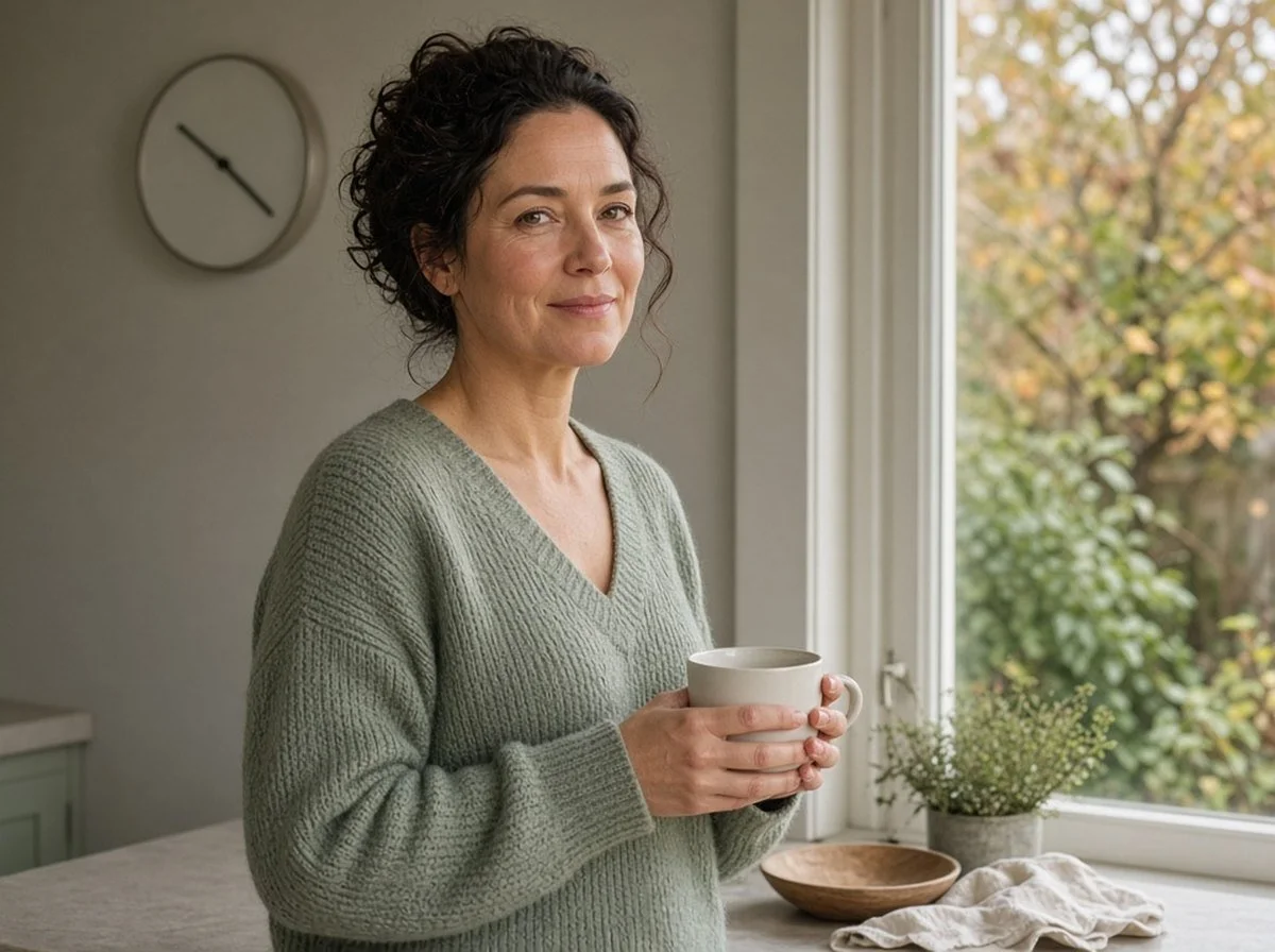 A woman holding a mug of tea by a window in soft morning light