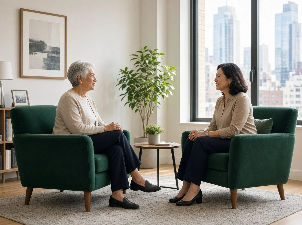 Older woman talking with a therapist in a bright counselling office