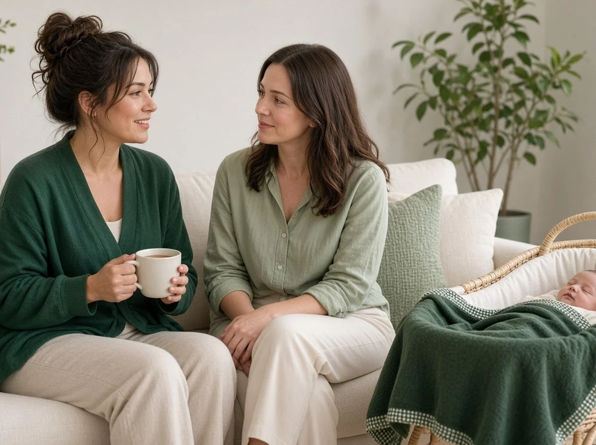 A new mother talking with a friend over tea while her baby sleeps nearby