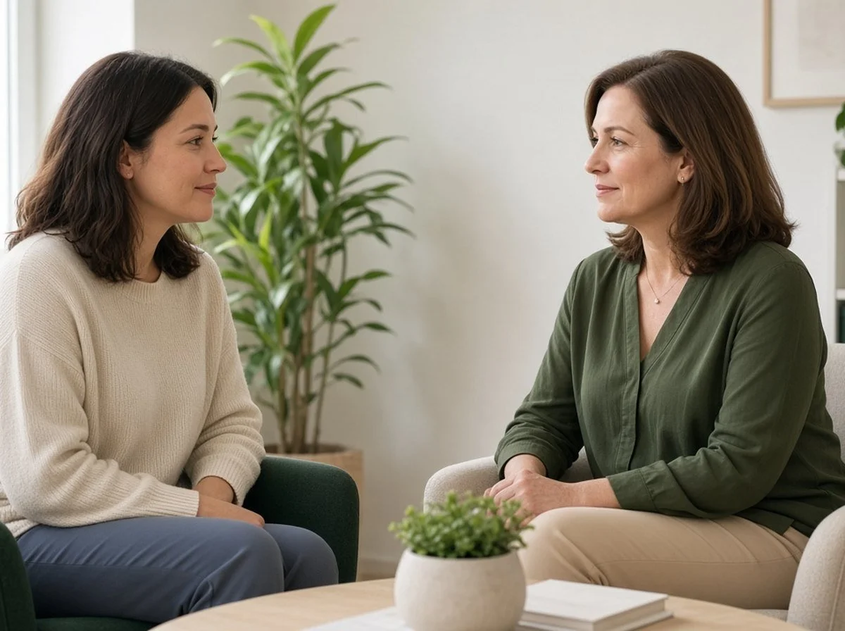 A new parent talking with a counsellor in a bright office