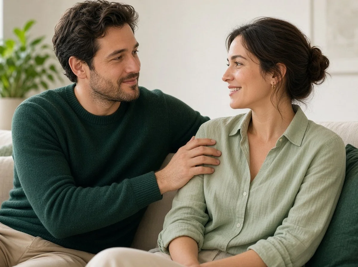 A couple talking together on a sofa