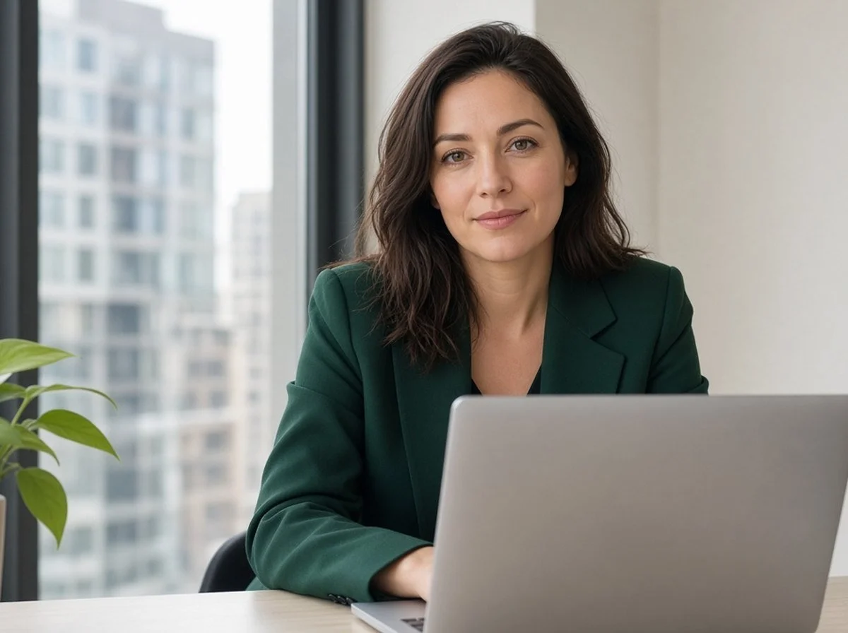 Woman at a desk by a downtown office window