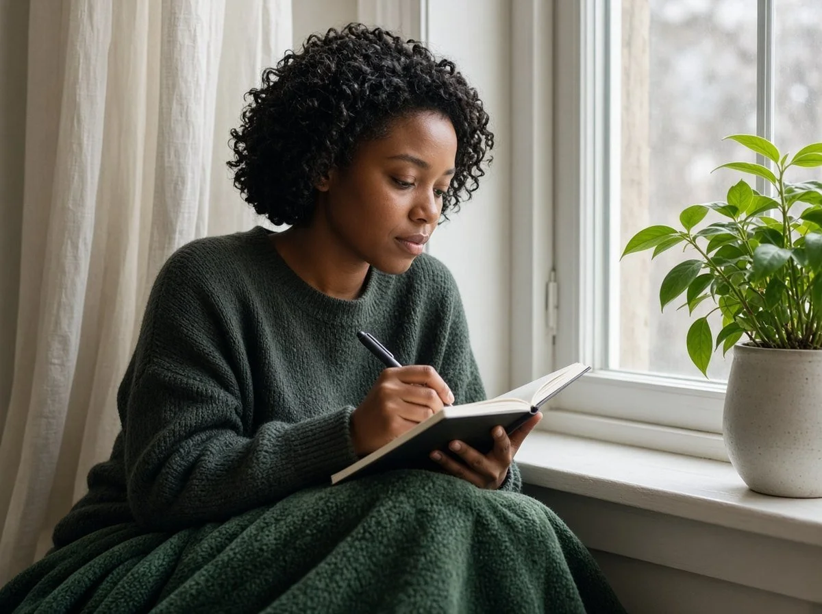 Young woman writing calmly in a notebook by a window