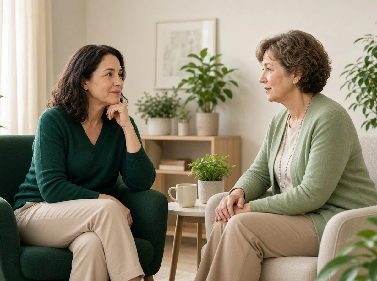 A woman talking with a counsellor in a bright office