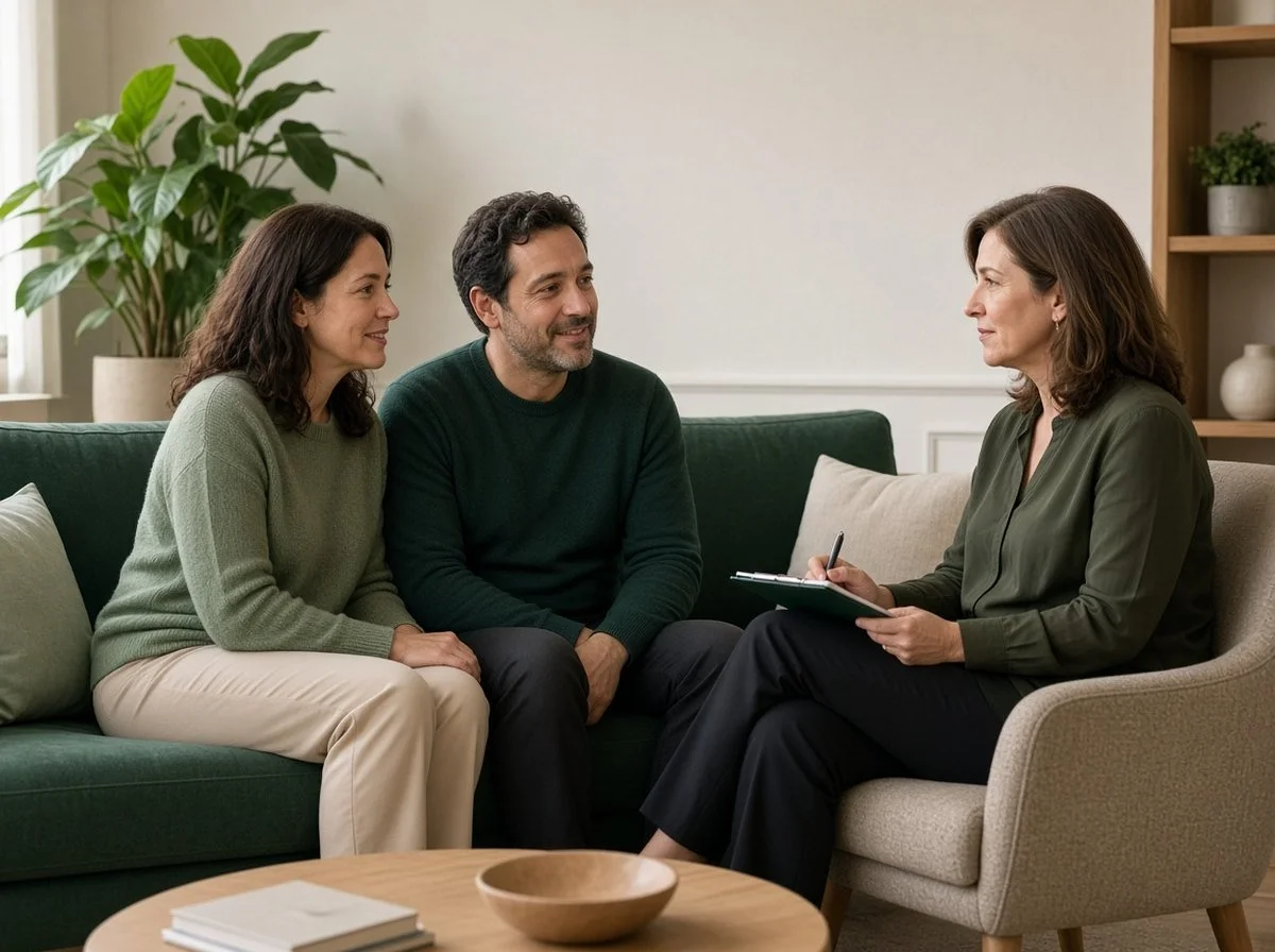 Couple talking with a therapist in a warm counselling office