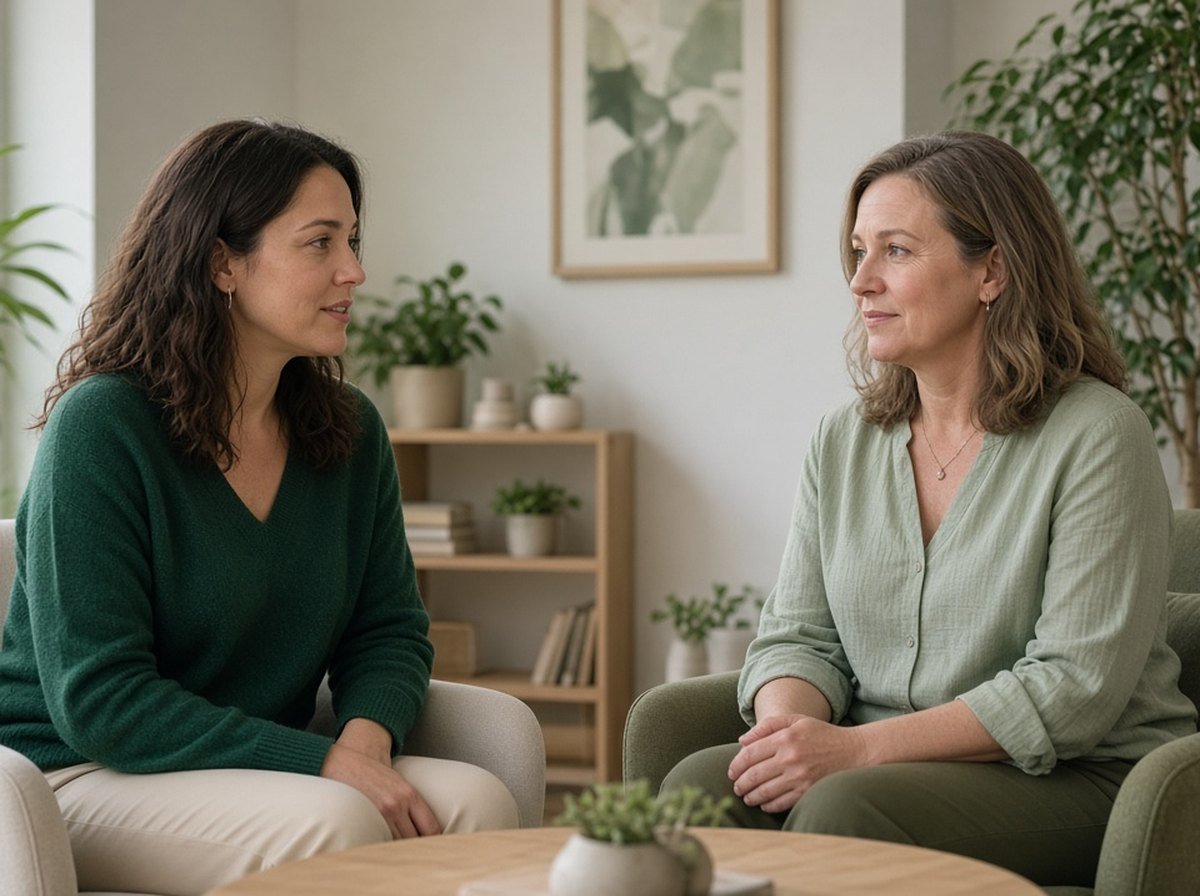 A woman talking with a counsellor in a calm, plant-filled counselling room