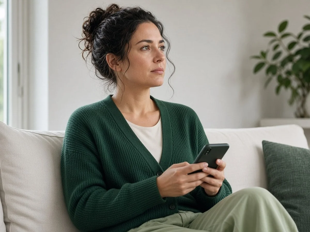 A woman on her sofa holding her phone, looking thoughtful