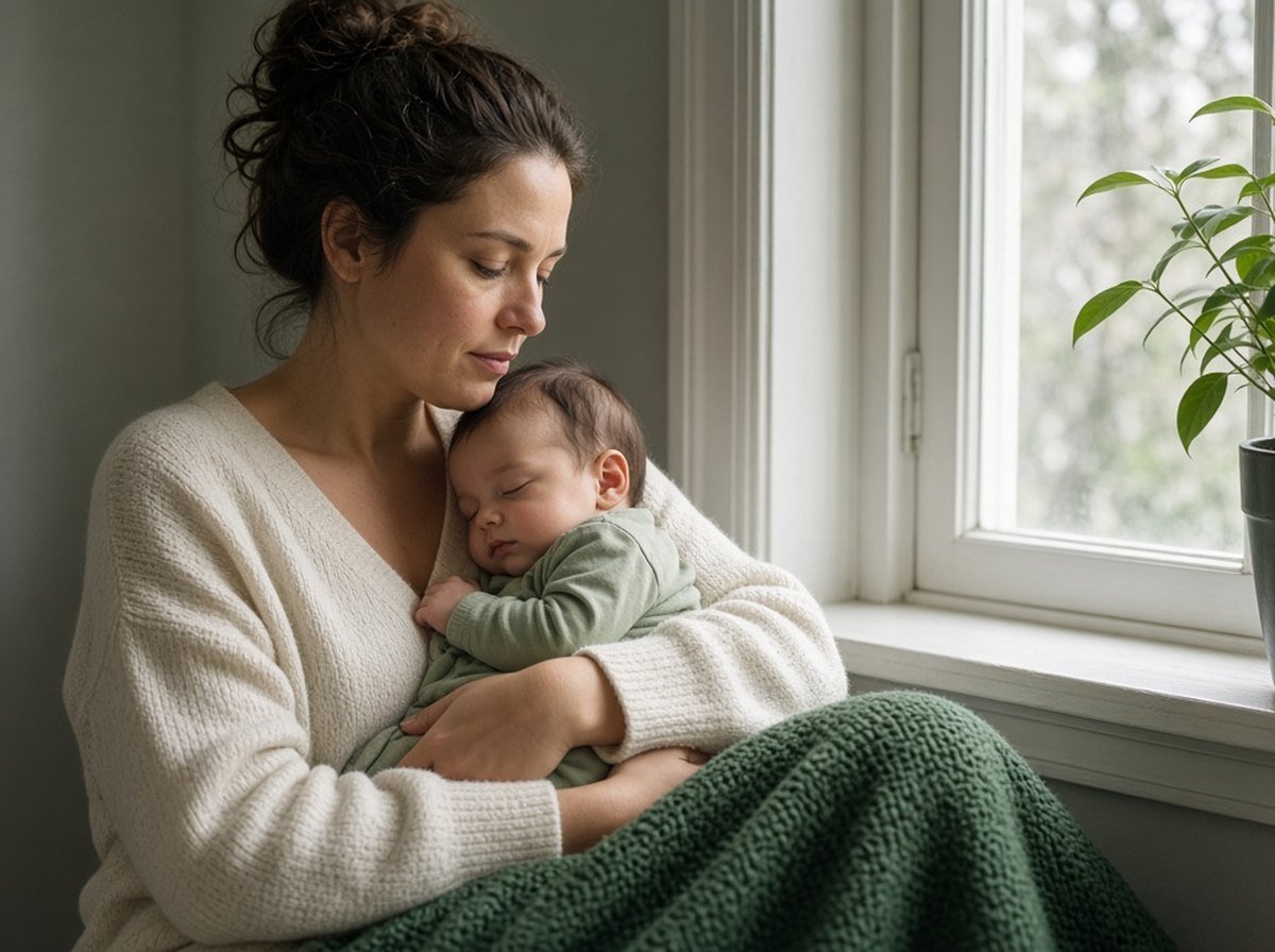 A new mother sitting by a window holding her sleeping baby