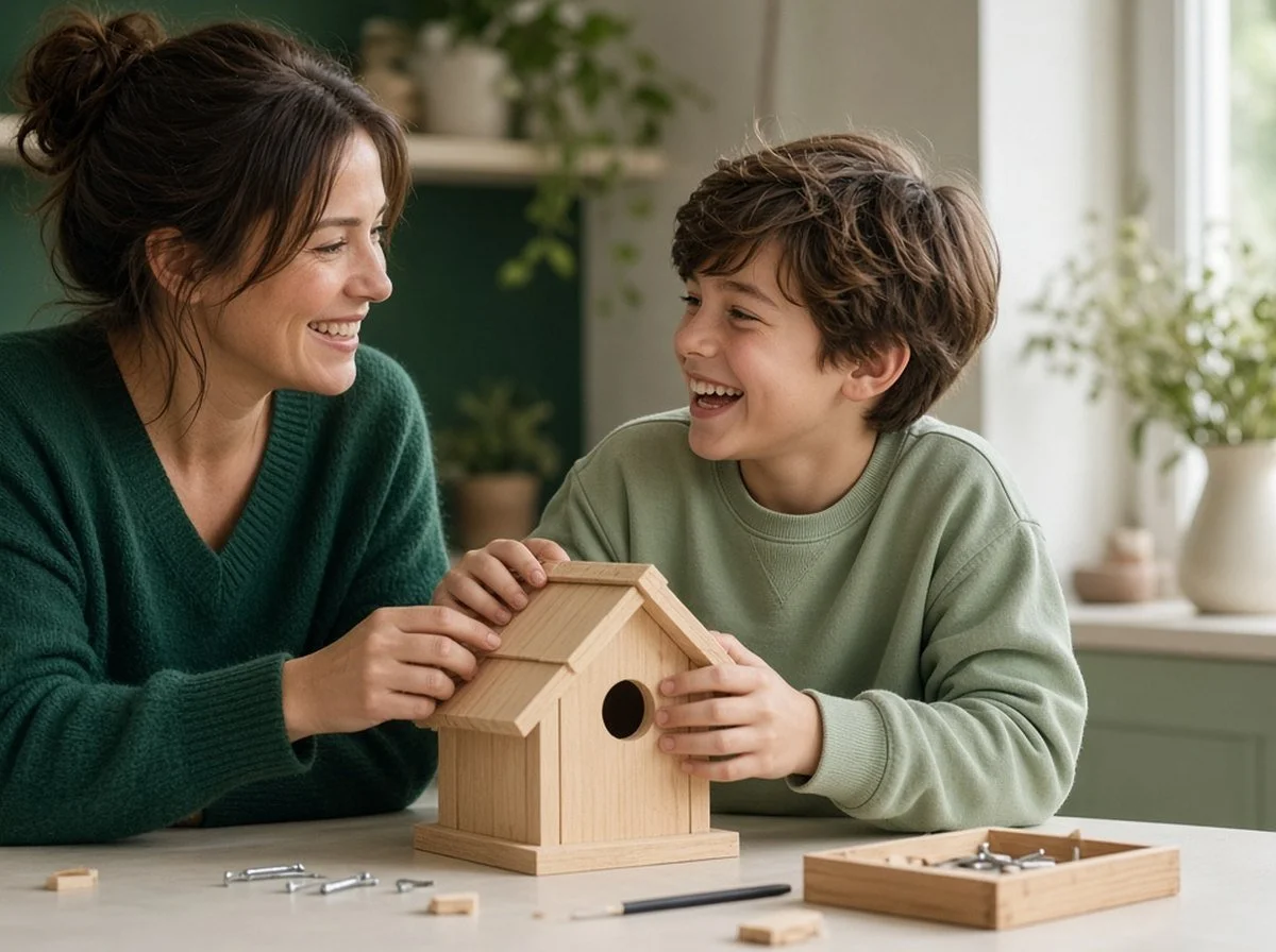 A parent and child building something together at a table