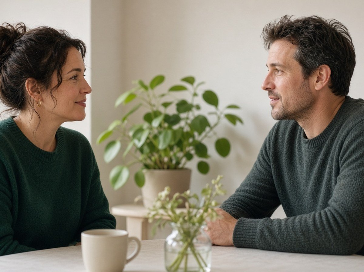 Two adults sitting face to face, both faces visible, talking gently