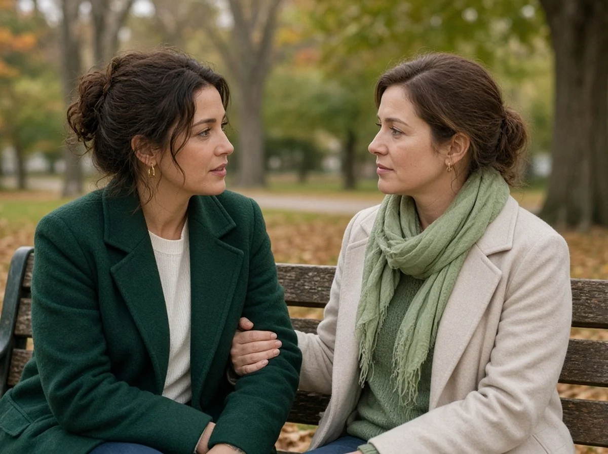 A woman talking with a supportive friend on a park bench