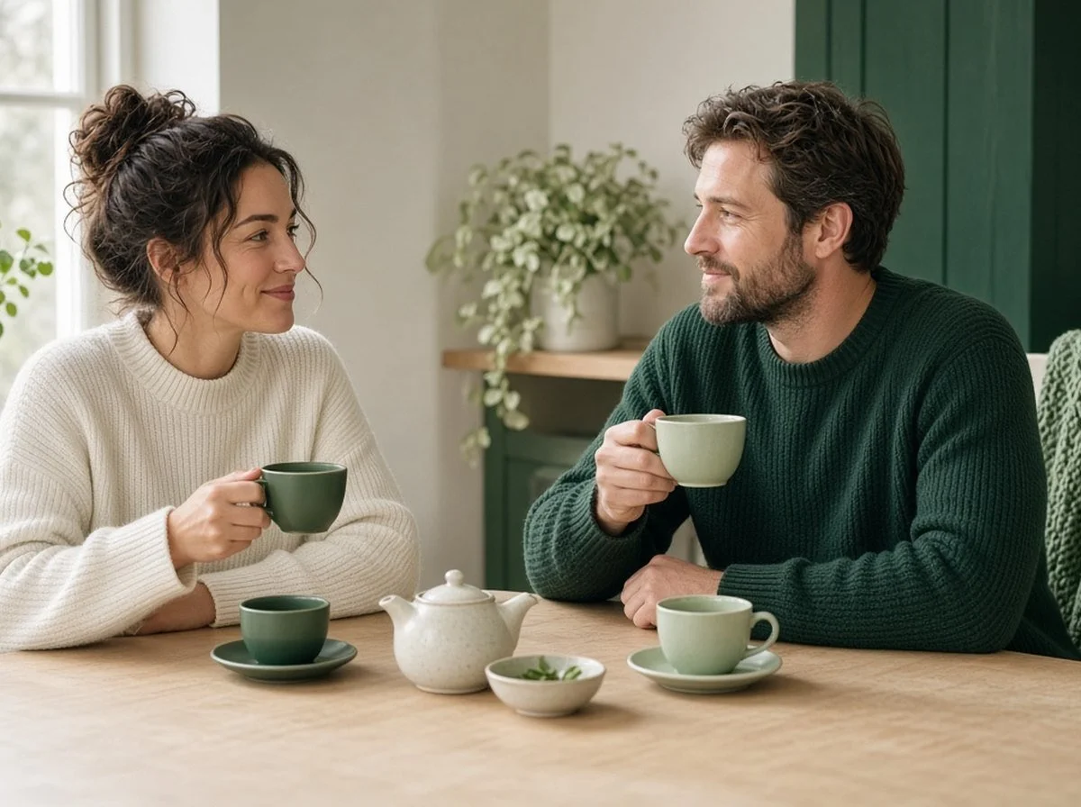 Two people sharing tea at home in winter light