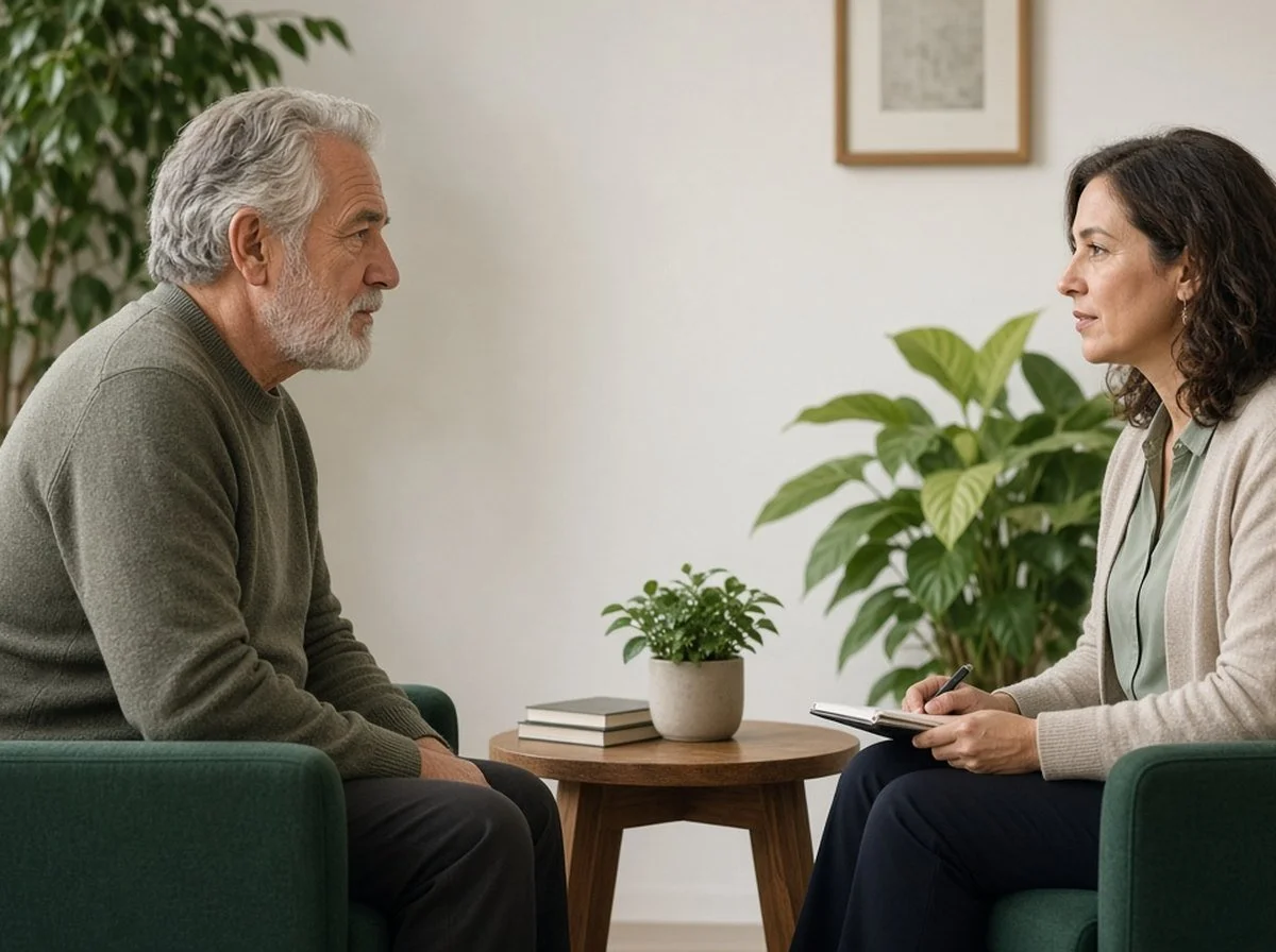 Older man talking face to face with a woman therapist
