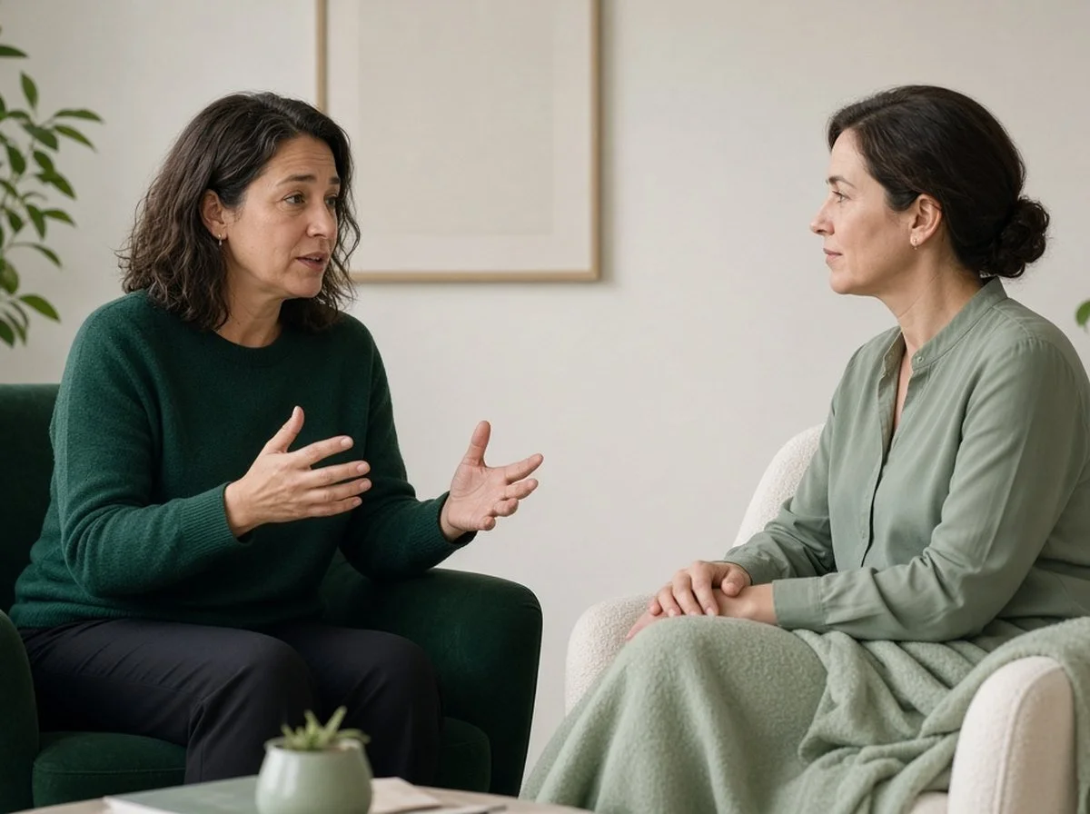 Woman gesturing as she talks with a female therapist