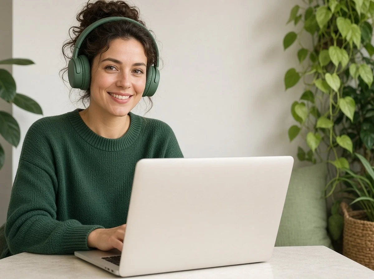 An adult wearing headphones working contentedly in a quiet corner
