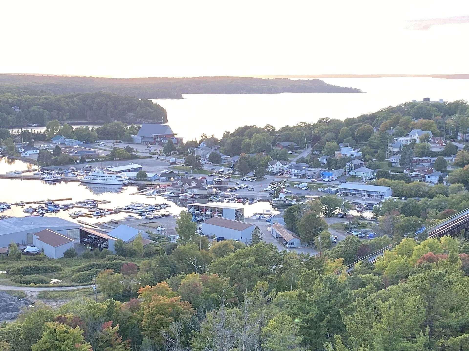 Parry Sound harbour and town rooftops seen from the tower atop Tower Hill.