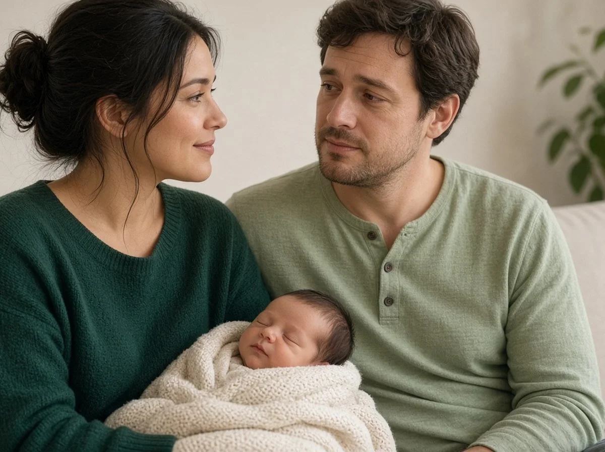 A partner listening to a tired new parent holding a sleeping baby