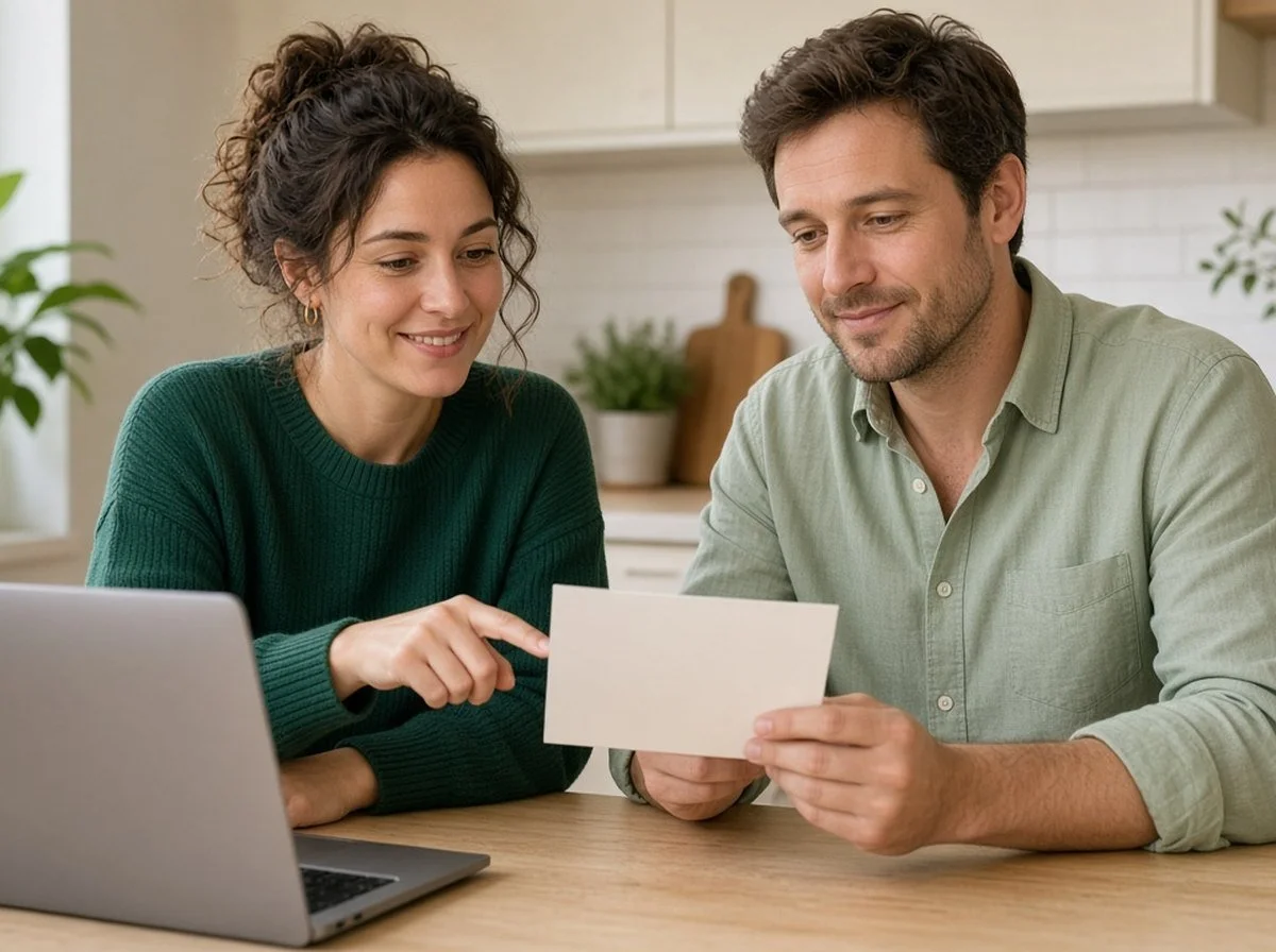 A couple at a kitchen table reviewing a benefits card together
