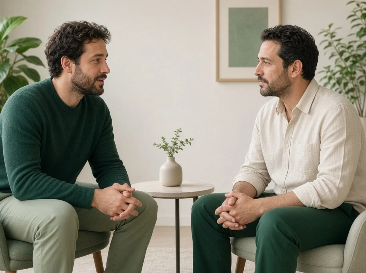 A man in his thirties talking with a male therapist in a Kitchener-Waterloo office
