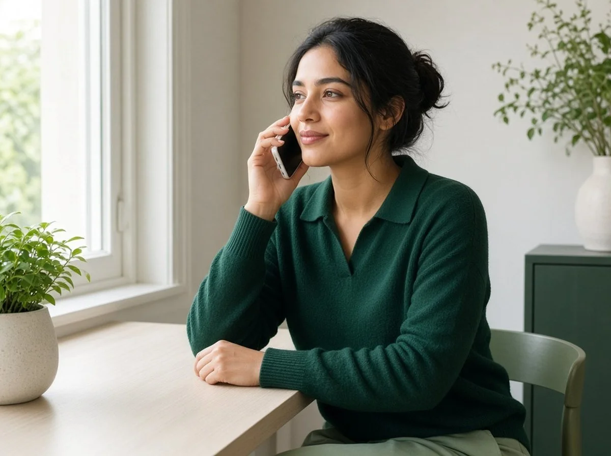A person on a calm phone call at a desk by a window